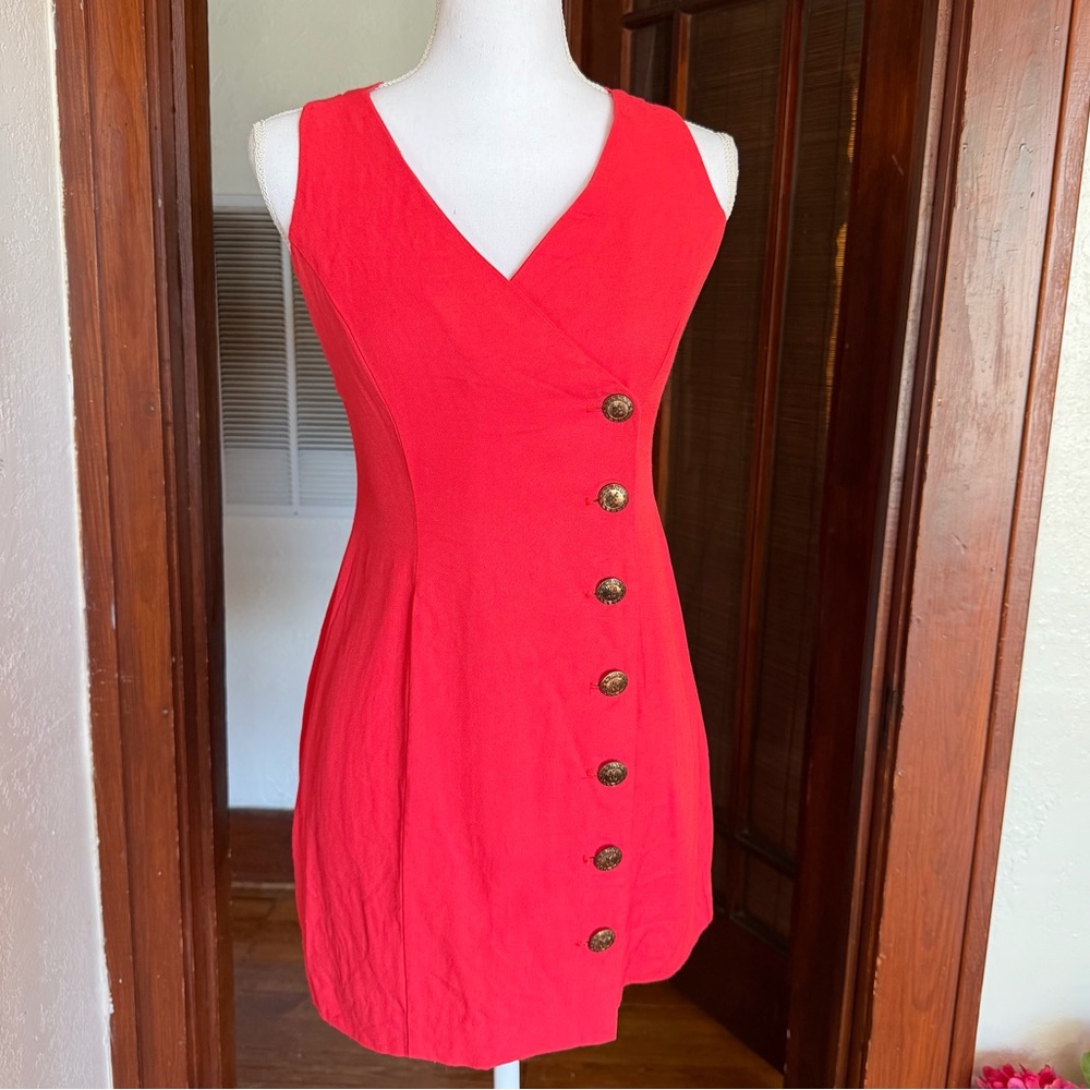 Vintage Red Mini Dress 90s Wrap Fitted Gold Button Crisscross Back USA Size 7